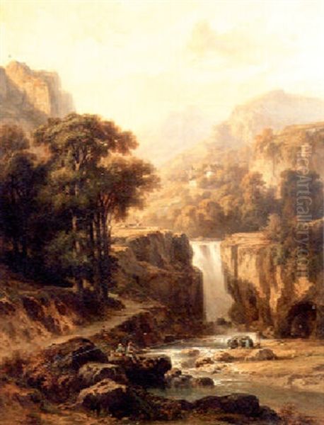 A Waterfall Cascading Through A Mountainous Landscape - view 1