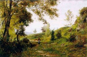Besonnte, Hugelige Landschaft Mit Waldrand Und Figurenstaffage