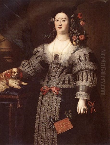 A Portrait Of A Lady Wearing A Black And Silver Dress, Holding A Fan In Her Right Hand, Together With Her Pet Spaniel Beside Her - view 1