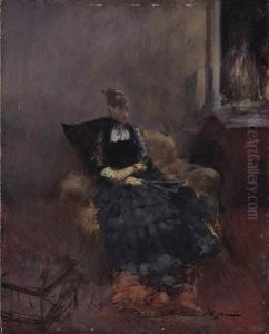 Elegante A La Robe Noire Dans Un Fauteuil by Jean-Louis Forain