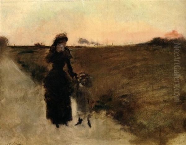 Le Depart, Mere Pleurant Et Enfant Sur Un Chemin, Au Loin Train Partant - view 1