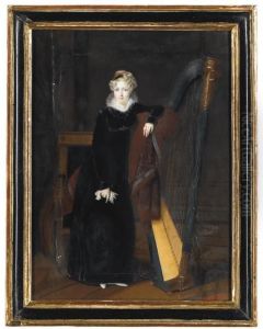 Portrait Of A Lady In A Black Dress With White Lace Collar, Standing Beside A Harp