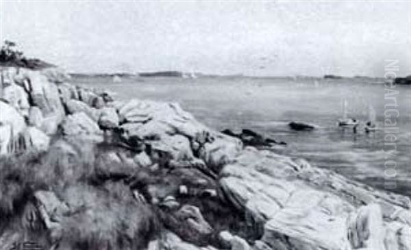 Rocky Shoreline With Distant Fishing Boats - view 1