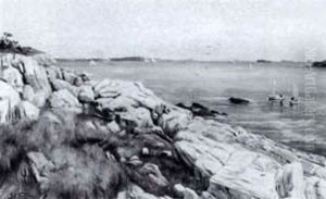 Rocky Shoreline With Distant Fishing Boats by John Colin Forbes