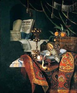 A Still Life Of Fruit In A Porcelain Bowl, Upon A Pewter Dish, Together With A Gilt Cup And A Venetian Wine-glass, All Upon A Table-top, Music Scores Beyond by Pieter Forbes