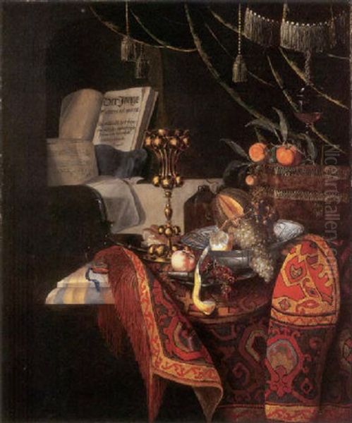 A Bowl Of Grapes, With A Melon , Lemons In A Porcelain Bowl, An Ornamental Vase, A Pocket Watch, A Goblet And Oranges On A Table, With A Book Before A Curtain - view 1