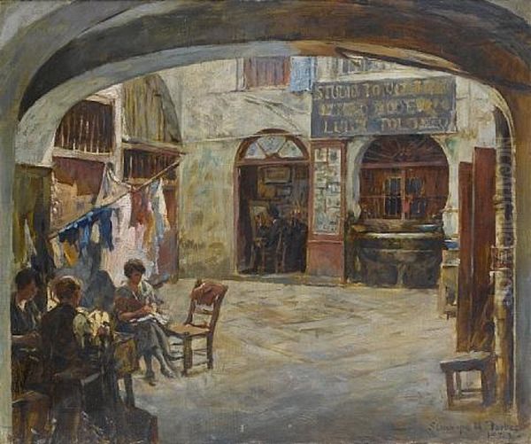 Figures In An Italian Courtyard, Outside The Studio Of Luigi Tolomeo - view 1