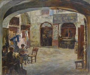Figures In An Italian Courtyard, Outside The Studio Of Luigi Tolomeo by Stanhope Alexander Forbes
