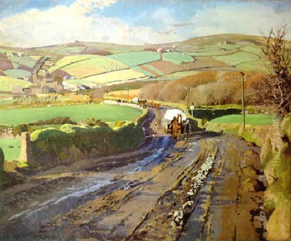 A Cornish Landscape With A Farmer Leading His Horses On A Country Lane - view 1
