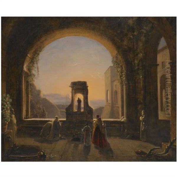 A Religious Service In A Monastery, A Mountainous Landscape Beyond - view 1