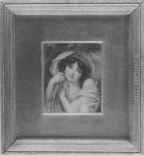 A Lady Wearing Pink And White Robes, Her Left Breast Exposed, Foliage Background - view 1