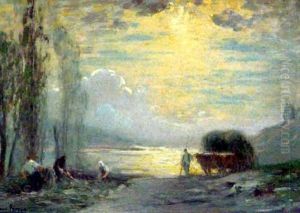 Les Foins A La Tombe Du Jour Au Bord De L'etang by Henri-Louis Foreau