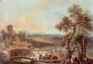 Sudlandische Hugellandschaft Mit Bauern Und Reisenden Zu Pferde