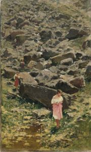 Felsige Landschaft Mit Jungen Frauen Am Bachufer