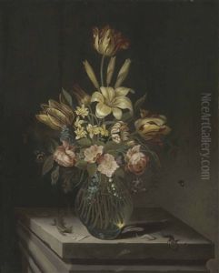 Tulips, Lilies, Anemones, Roses, A Lily Of The Valley And Other Flowers In A Glass Vase On A Stone Plinth With A Butterfly, A Bee, A Lizard And A Snail by Jan Baptist Fornenburgh