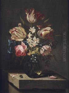 Tulips, A Rose, An Anemone, Hyacinths, Narcissi, Lily Of The Valley, Morning Glory And A Violet In A Glass Vase On A Stone Pedestal
