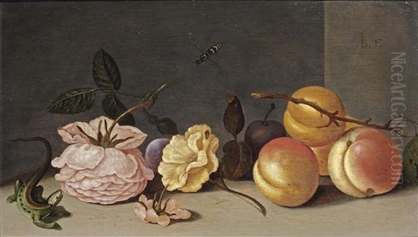 A Lizard, Rose, Peaches And Other Flowers On A Stone Ledge - view 1
