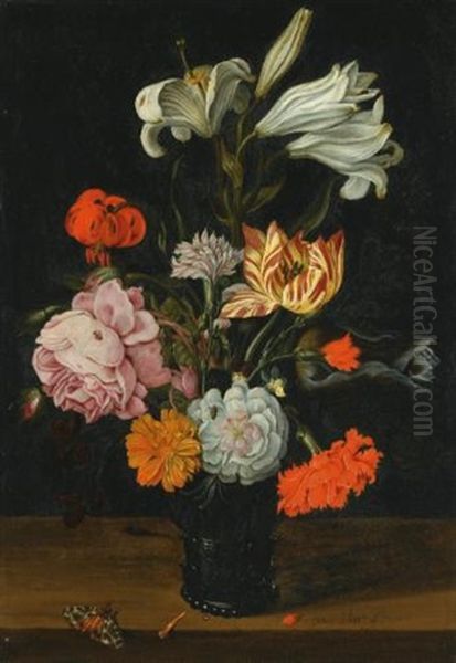 A Still Life With Flowers In A Glass Roemer, On A Ledge With Fallen Petals - view 1