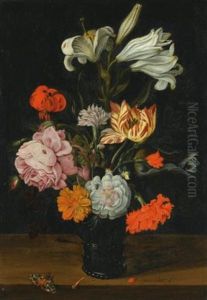 A Still Life With Flowers In A Glass Roemer, On A Ledge With Fallen Petals