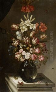 Blumenstilleben In Einer Glasvase Mit Eidechse Und Schmetterling by Jan Baptist Fornenburgh
