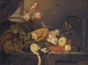 A Still Life With A Lemon, Apples, Peaches, Grapes, A Lobster, And A Vase Of Tulips On A Table With A Squirrel, A Bird, And A Lizard by Jan Baptist Fornenburgh