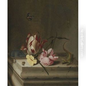 Still Life With A Parrot Tulip, A Pink Rose, A Mouse, A Lizard And A Bee On A Stone Pedestal, With A Red Admiral And A Spider On Its Web Above by Jan Baptist Fornenburgh