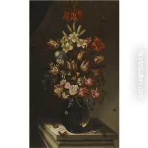 A Still Life Of Roses, Tulips, Lillies And Other Flowers In A Glass Vase On A Stone Plinth With A Lizard And A Butterfly by Jan Baptist Fornenburgh