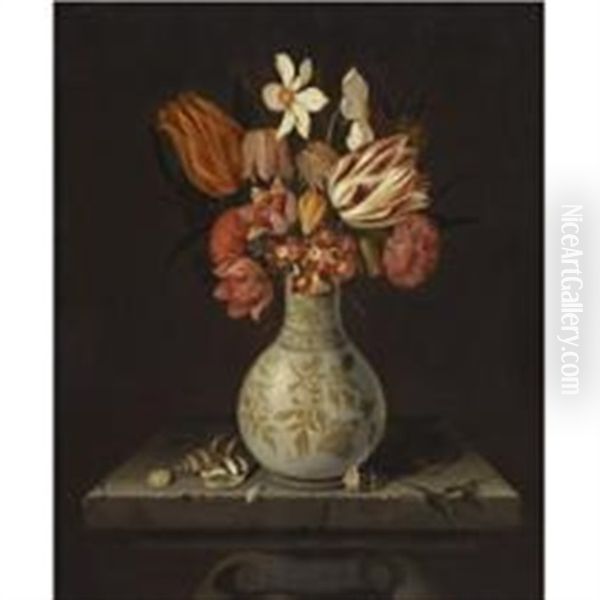 Still Life With Tulips, Crocuses, Primroses And Other Flowers In A Vase On A Stone Plinth With Shells - view 1