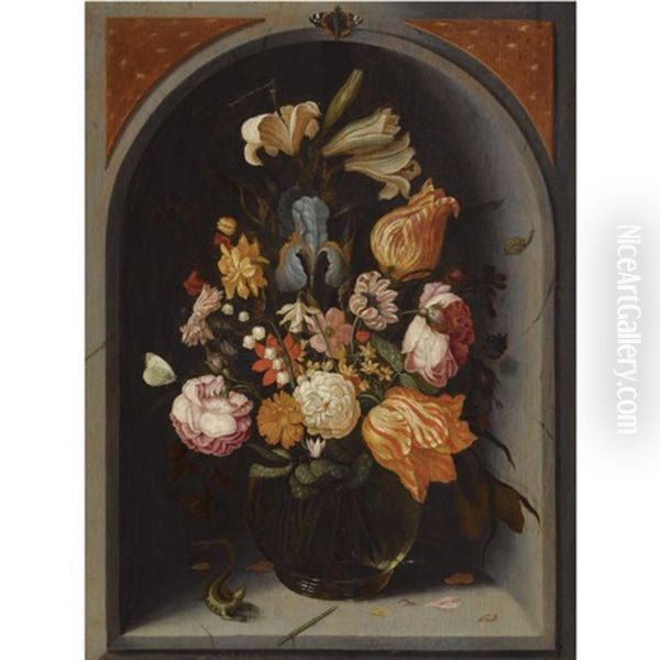 A Still Life Of Tulips, Lilies, Moss Roses, An Iris And Other Flowers In A Glass Vase In A Marble Niche, With Butterflies And A Lizard - view 1