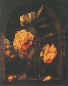 Roses Et Lys Dans Un Verre, Un Escargot, Une Araignee, Un Papillon Dans Une Niche En Pierre