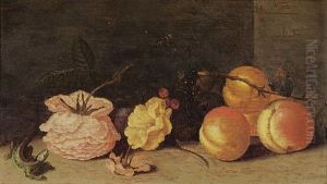 A Still Life With Fruit, Roses, A Butterfly, A Dragonfly And A Green Lizard by Jan Baptist Fornenburgh