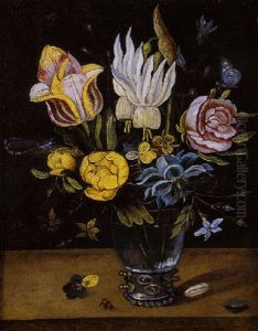Vase De Fleurs, Fleurs Et Insectes Sur Un Entablement