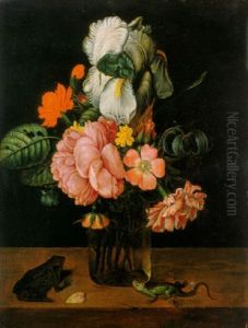 Flowers In A Glass Vase On A Ledge With A Frog And A Lizard