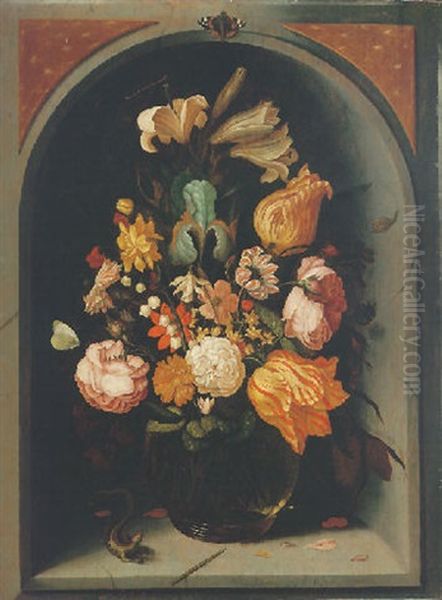 Still Life Of Tulips, Lilies, Moss Roses And Other Flowers In A Glass Vase In A Marble Niche, With Butterflies And A Lizard - view 1
