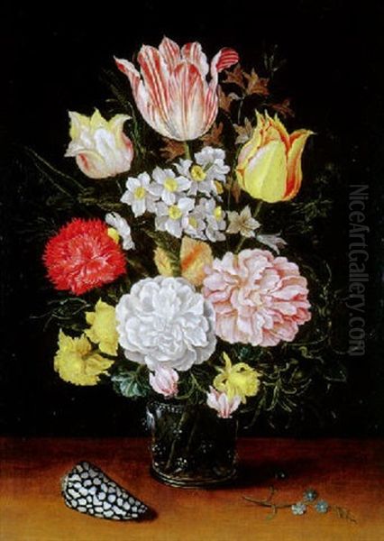 Vase De Roses, Narcisses, Tulipes Sur Un Entablement - view 1