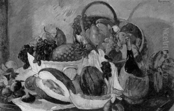 Nature Morte Aux Fruits Dans Une Corbeille Et Une Bouteille - view 1