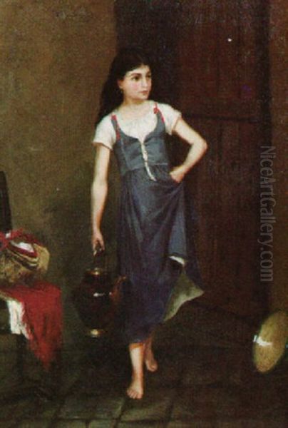 Young Serving Girl Carrying A Large Kettle - view 1
