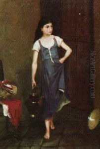 Young Serving Girl Carrying A Large Kettle by Kitty (Tollin-Fornier) Fornier