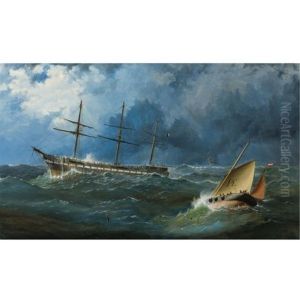 A French Sailing Packet Riding Out A Storm Off Penzance by James Haughton Forrest