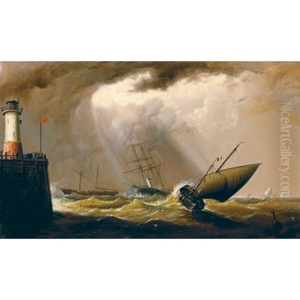 A French Fishing Boat Offshore With Eddystone Lighthouse In The Foreground - view 1