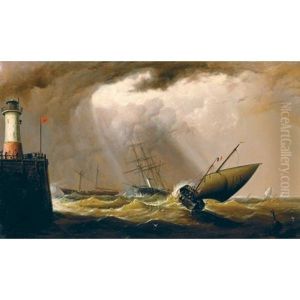 A French Fishing Boat Offshore With Eddystone Lighthouse In The Foreground