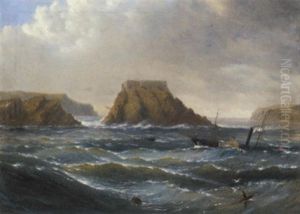 A Paddle Steamer In A Heavy Swell Off A Fortified Rocky Outcrop
