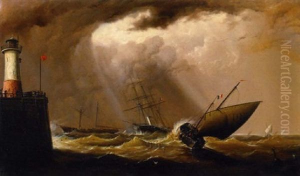 A French Fishing Boat Offshore With Eddystone Lighthouse In The Foreground - view 1