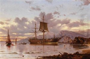 Dawn Breaking Over A Bay With A Ship Moored, (tazmania?)