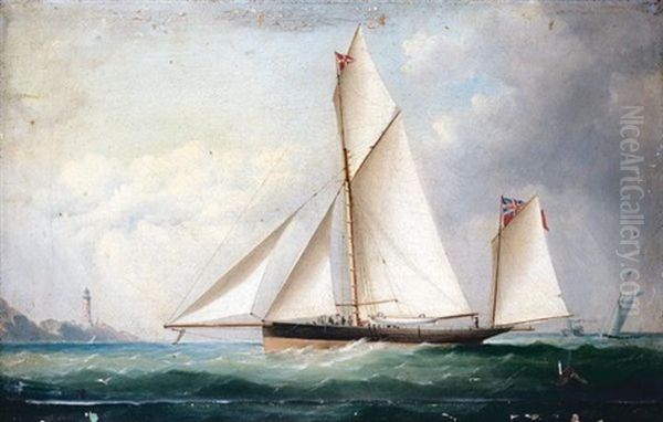 Yacht In Full Sail With Lighthouse In The Background - view 1