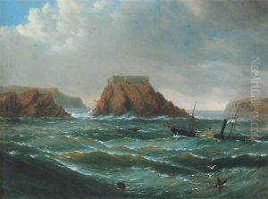 A Paddle Steamer In A Heavy Swell Off A Rocky Outcrop (tenby?)