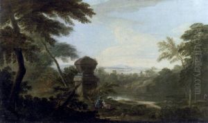 An Italianate Wooded River Landscape With Figures In The Foreground Beside A Tomb