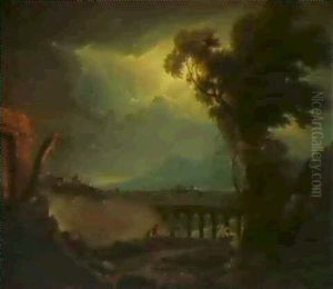 Italianate Landscape By Moonlight With A Viaduct In The     Foreground