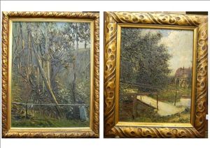 Footbridge Over A Stream, Trees Nearby And A House Beyond (+ Woodland Scene With Willow Trees Beside A Pond; 2 Works) by Arthur Fedor Foerster