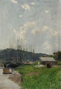 Vor Anker Liegende Segelboote In Sommerlicher Kanallandschaft by Berthold Paul Foerster